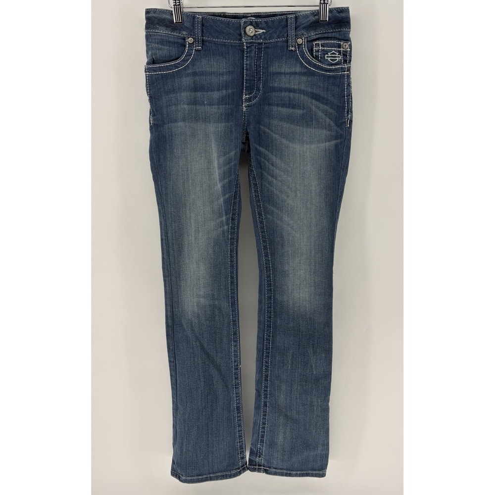 Harley Davidson Low Rise Bootcut Jeans Rhinestone Flap Pocket Y2K Women 4
